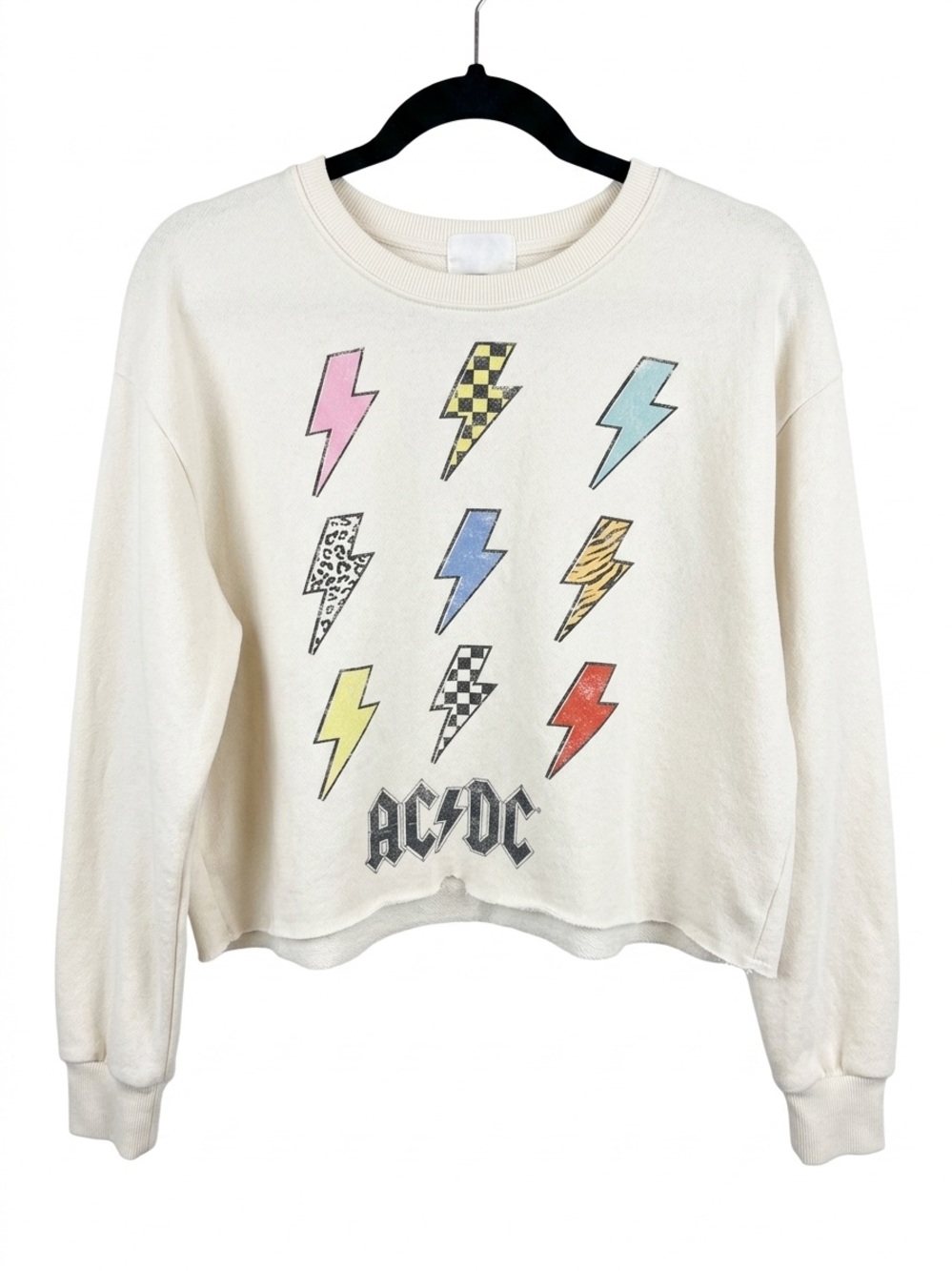 AC/DC Cream Crewneck Sweater with Multicolor Lightning Bolts